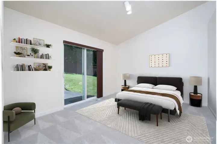 Virtually staged Primary Suite with patio access