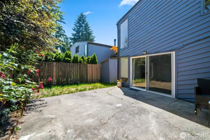 Spacious Fenced Backyard with Storage Shed. (There is a second smaller fenced patio area off the front, not photographed)