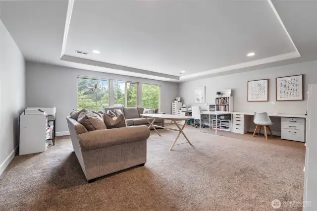 Sunny and bright with cozy carpeting, french doors, and an elegant tray ceiling, this spacious room could be a second primary suite.