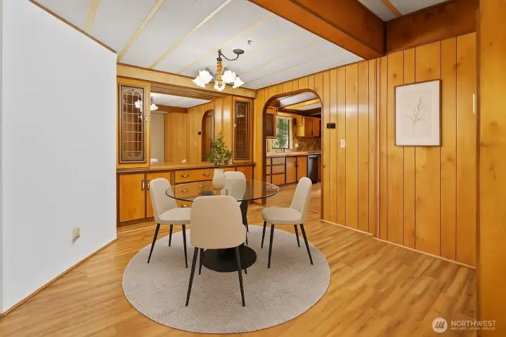 Dining with new flooring and built in hutch