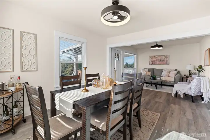 Open concept living room dining and kitchen