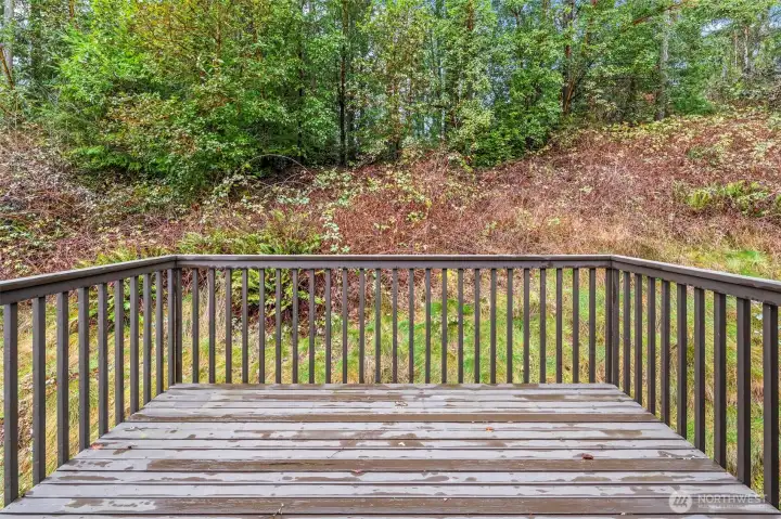 Back deck off the dining room is perfect for barbeques or quiet coffee in the morning. The natural vegetation of the greenbelt behind the house provides ideal privacy.