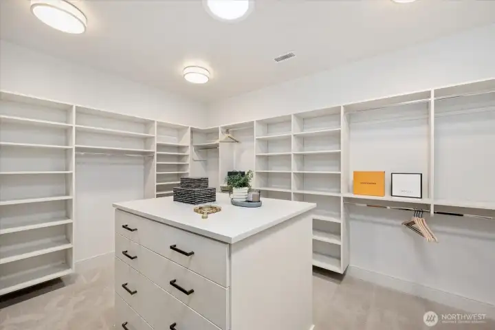 Primary Closet with built-in dresser and overhead solar tube for natural light