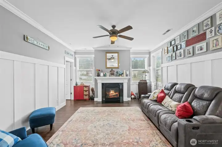 Large family room with gas fireplace