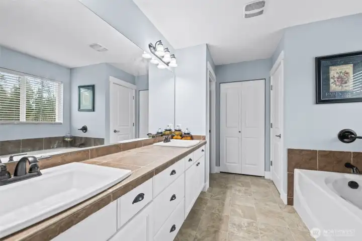 Primary bathroom with soaking tub and walk in closet