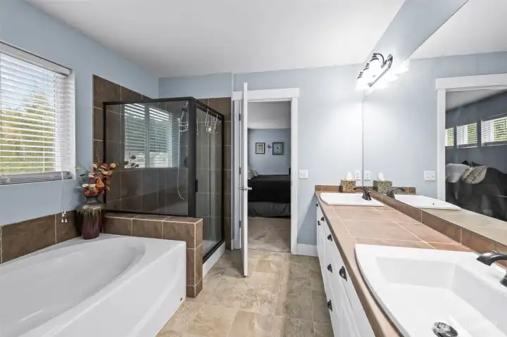 Primary bathroom with soaking tub and walk in closet