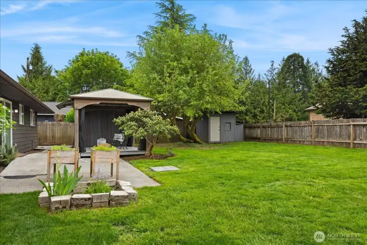 In the backyard find a covered gazebo with 2 sides, one side fully enclosed.  Also, find a detached shed for garden tool storage.