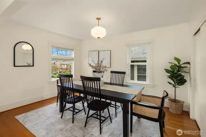 Spacious, sunny dining room faces south and east.