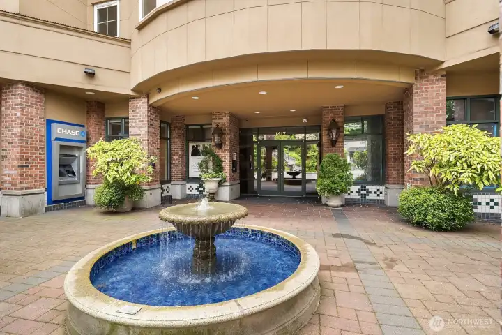 Peaceful courtyard entry through the retail lobby to a secure inner lobby. Peaceful courtyard entry through the retail lobby to a secure inner lobby.