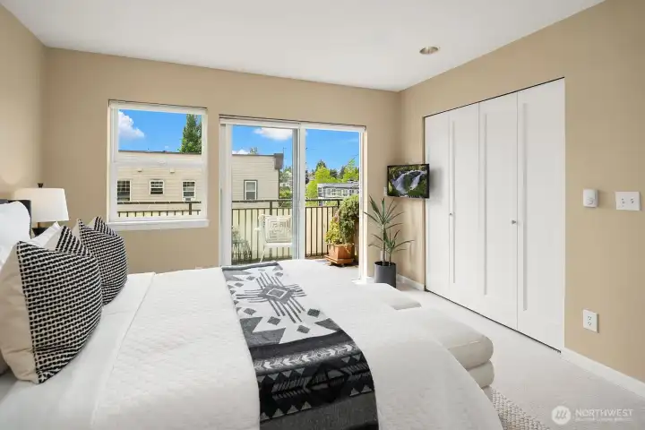 With ample closet space and a tucked-away TV, With ample closet space and a tucked-away TV,
