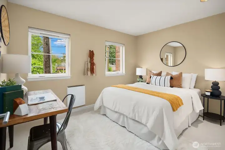 The second bedroom has plenty of room for a queen bed. The second bedroom has plenty of room for a queen bed.