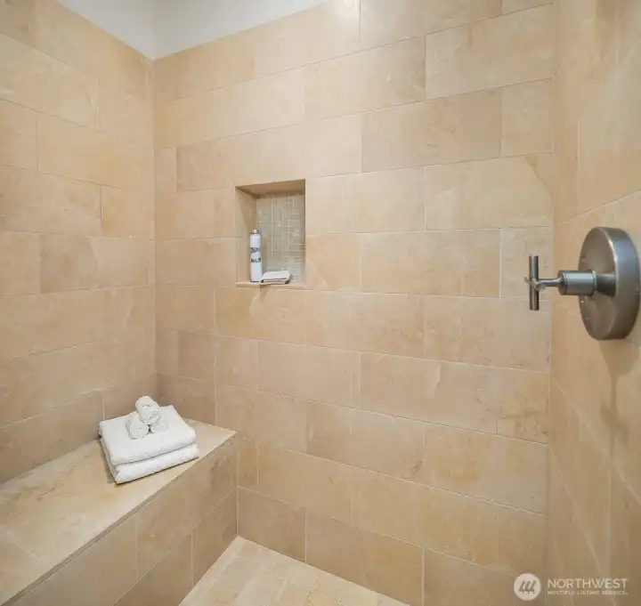 Custom spa tiled shower with bench seat. Custom spa tiled shower with bench seat.