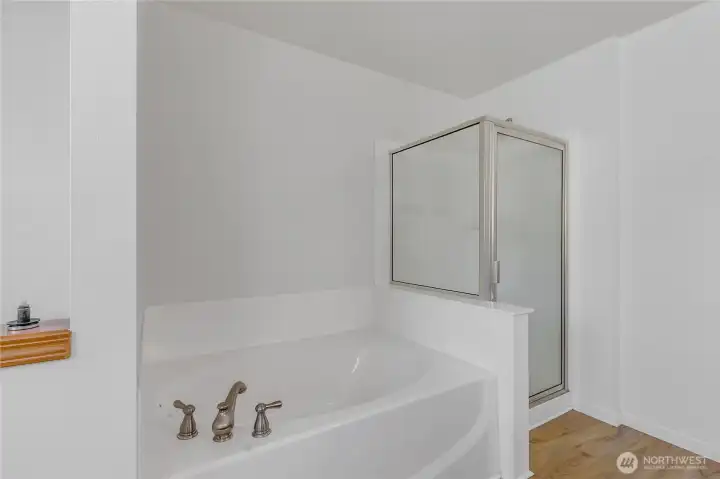 Primary ensuite bathroom with soaking tub and walk-in shower