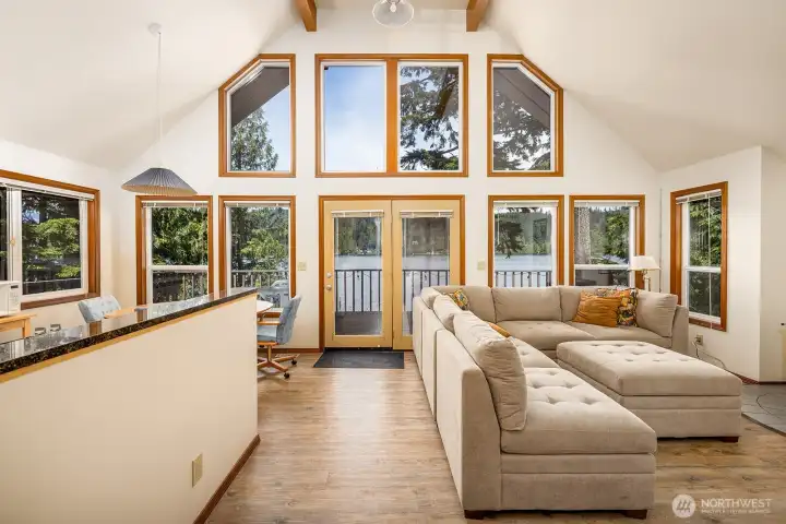 Ceiling high windows framing the lake.