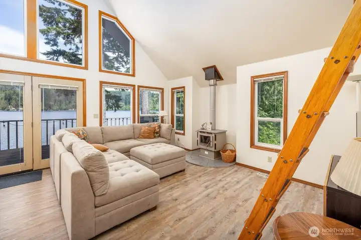 Living space with free standing wood stove.