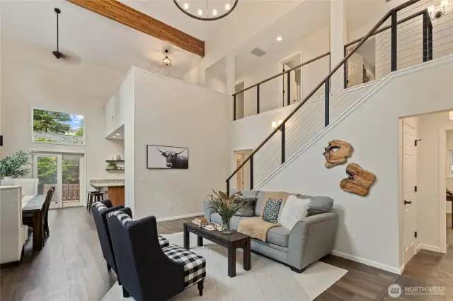 Great room with 27' exposed beams
