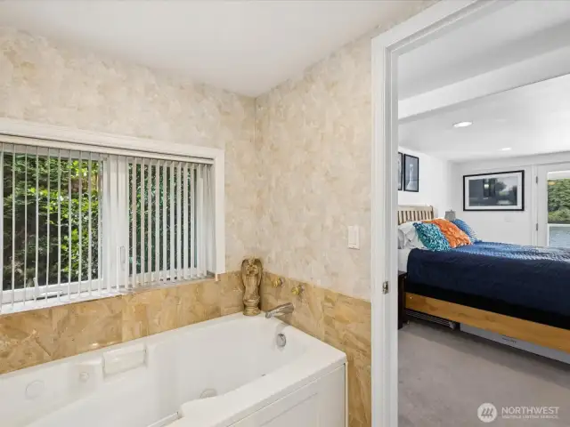 Lower level Primary Bathroom Suite - lovely full bathroom, dual-headed shower & large soaking tub.