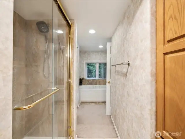 Lower level Primary Bathroom Suite - lovely full bathroom, dual-headed shower & large soaking tub.