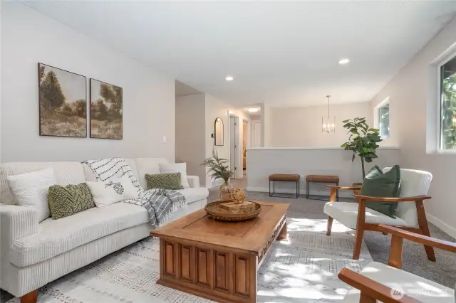 Bright & open living room with BN paint & trim, freshly professionally clean carpet