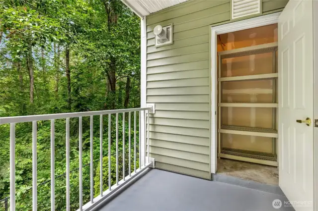 Spacious storage room next to patio for your outdoor gear.