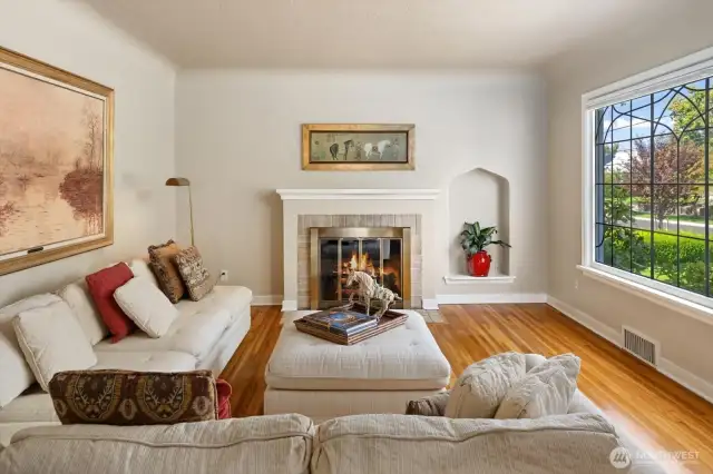 Formal living room with leaded glass picture window