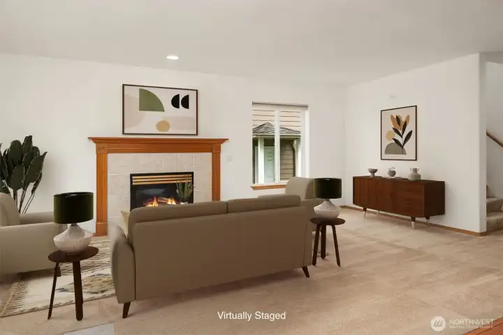 Gorgeous Natural Light Streaming Through Windows into the Living Room w Gas Fireplace