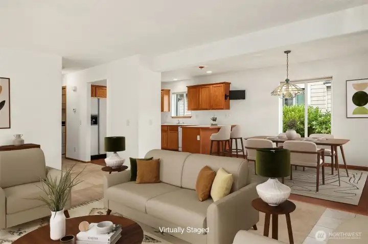Open Floor Plan Living, Dining & Kitchen