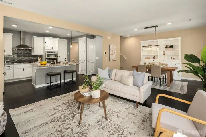Main floor living, dining and kitchn