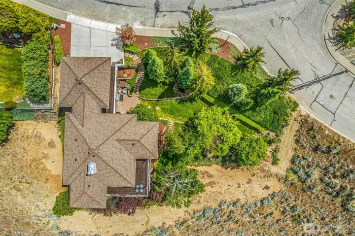 Overhead arial of home and landscaped grounds.