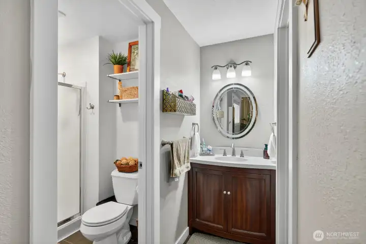 Vanity is separate from shower room. Nice lighting & mirror.