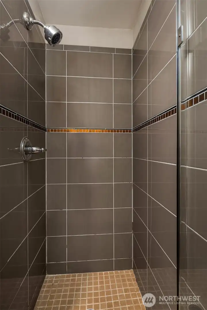Primary shower, with frameless glass shower door.