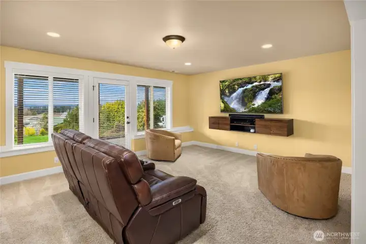 The daylight basement includes several versatile spaces, including this inviting family room with direct access to a stamped concrete patio and backyard.