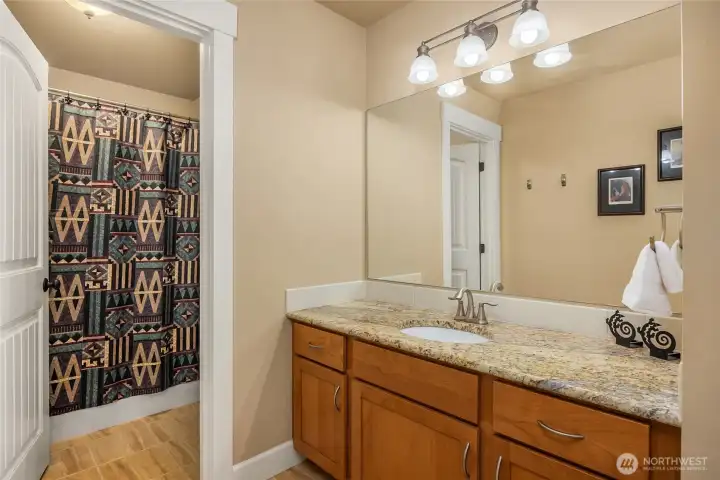 Lower-level full bathroom featuring granite countertops, a spacious vanity, and a separate shower and bathtub area.