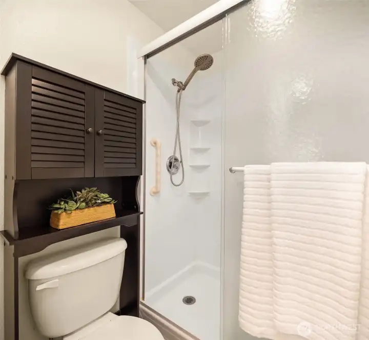 Another look at the primary bath, with added above-toilet storage