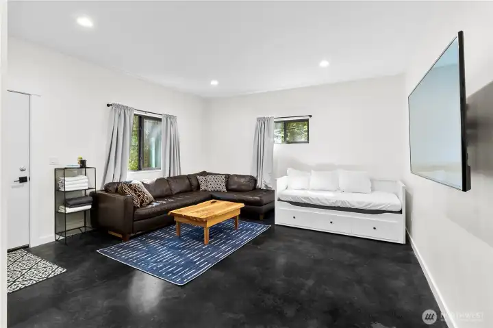 Lower floor room doubles as bedroom or rec room.