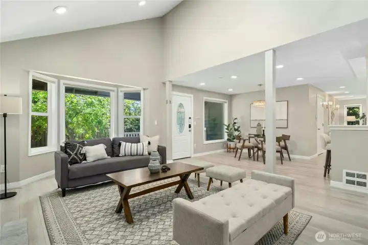 A Great Room concept open to the Dining Room and Kitchen.