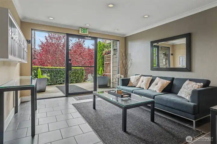 Secure front lobby with mail room, package delivery, and a welcoming space to greet guests Secure front lobby with mail room, package delivery, and a welcoming space to greet guests