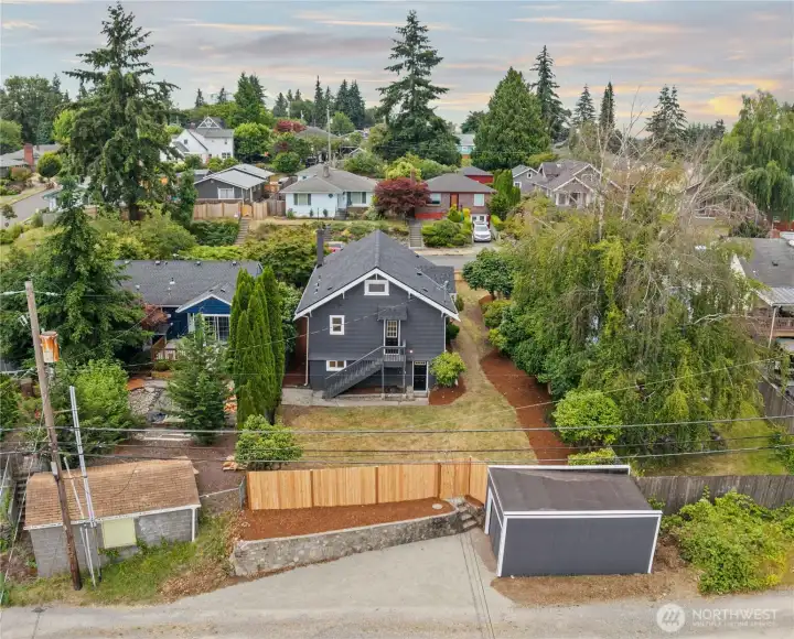 Aerial View of Alley, Backyard and Garage.