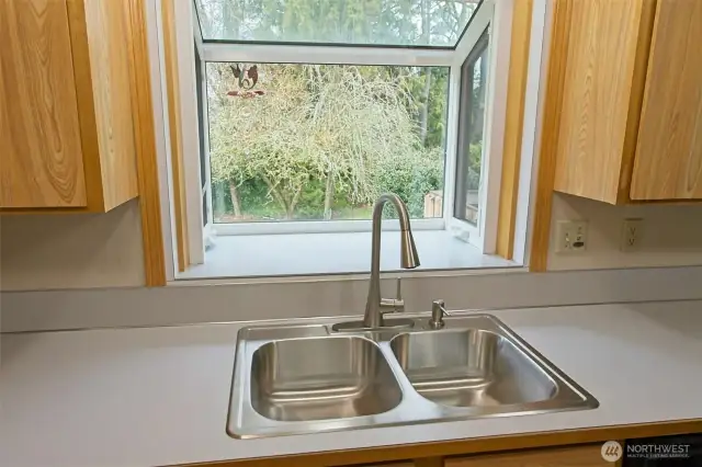 Close up look at the garden window in the kitchen.