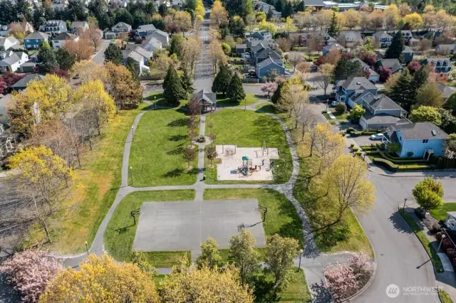 Park has full court basketball, playground, large grass areas and large covered gazebo.