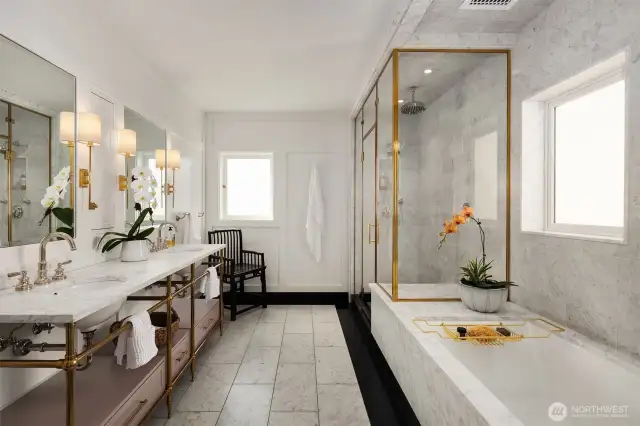 With the help of esteemed architect Amy Janof, the studs-out primary bath renovation is magazine-worthy.  Evocative of the home's Art Deco roots, materials were carefully selected for timeless appeal.  Waterworks faucets in a combination of polished nickel and unlaquered brass, designed to develop a gorgeous patina over time.  Steam shower and heated floors, naturally.  Custom Everything.  Stunning.