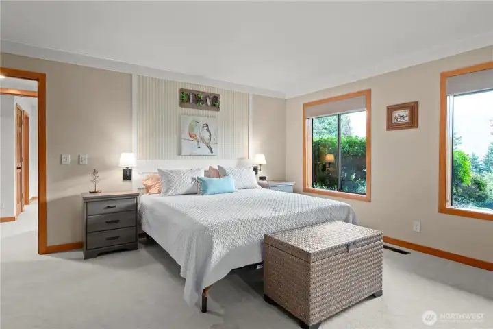 The large primary bedroom on lower level with beautiful windows to enjoy the view and the lovely garden. See virtual tour link for 3D walkthrough and interactive floor plans.