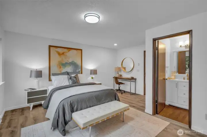 The primary bedroom faces west and get lots of natural light. Luxury vinyl plank flooring, new base molding and lighting.  Attached three quarter bath with walk in shower.  The two upper bedrooms are generously sized with room for desks or sitting areas.