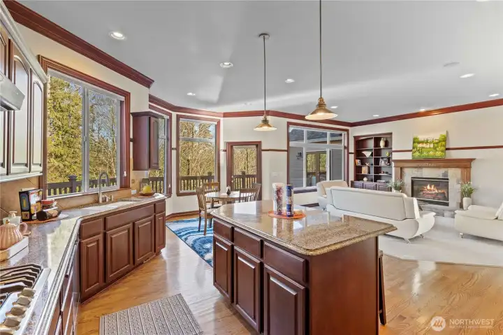 Terrific flow to the family room off of the kitchen featuring large windows and another cozy fireplace