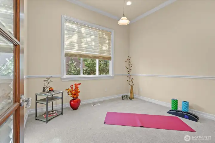 Main floor den used as a yoga space, this is a perfect work from home space