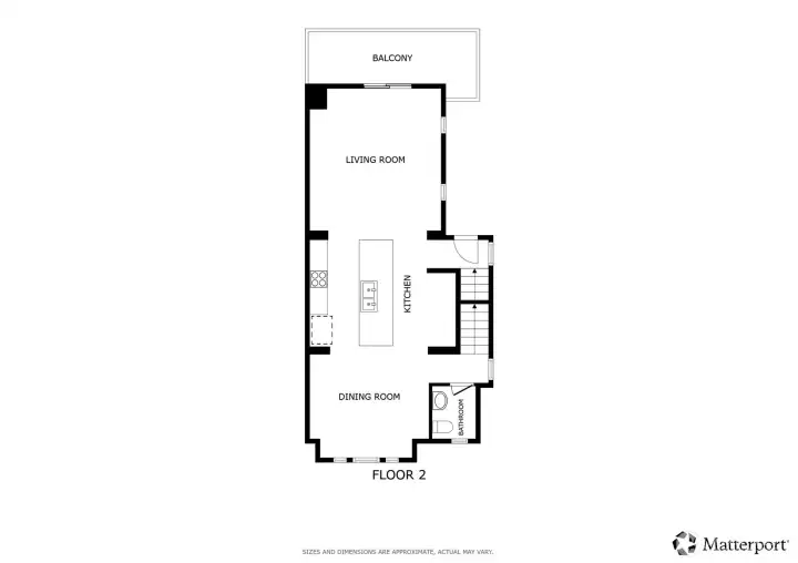 Main level with living areas, kitchen, & balcony.