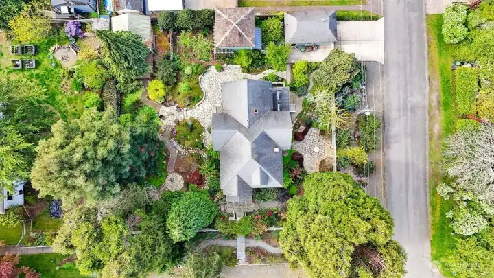Aerial view of home, ADU, garage and studio.