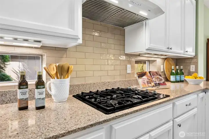 Gas range, upgraded hood vent, subway tile backsplash, recipe windows and under cabinet lighting