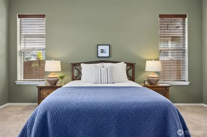 Spacious primary suite with views to backyard