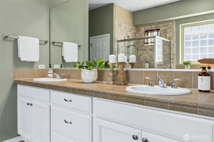 Double sink vanity with extra tall cabinets